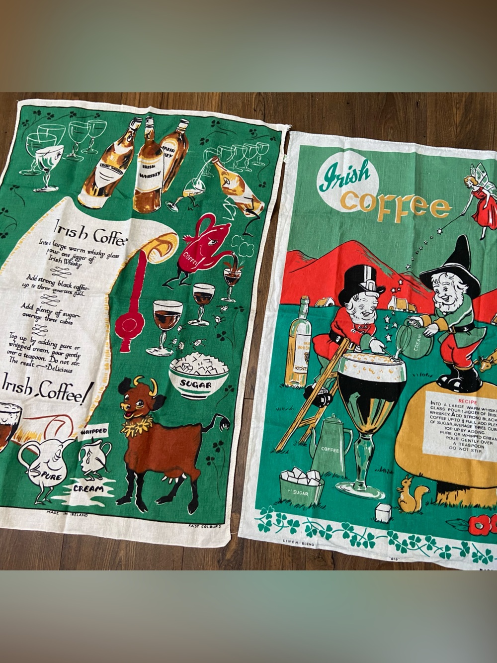 VTG 2 Linen Irish Coffee Kitchen Tea Towels Ireland Souvenirs Kitschy Anamorphic
